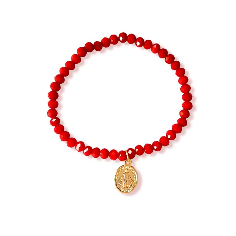 Pulsera Virgen De Los Rayos Cristal Rojo Enchapado Oro 18K-0