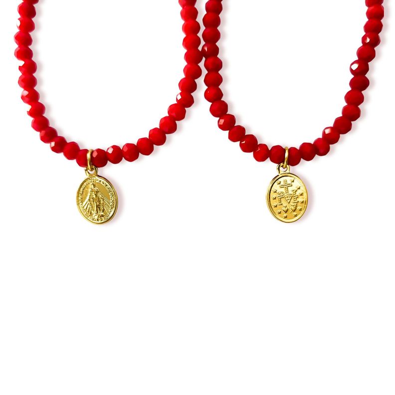 Pulsera Virgen De Los Rayos Cristal Rojo Enchapado Oro 18K-2