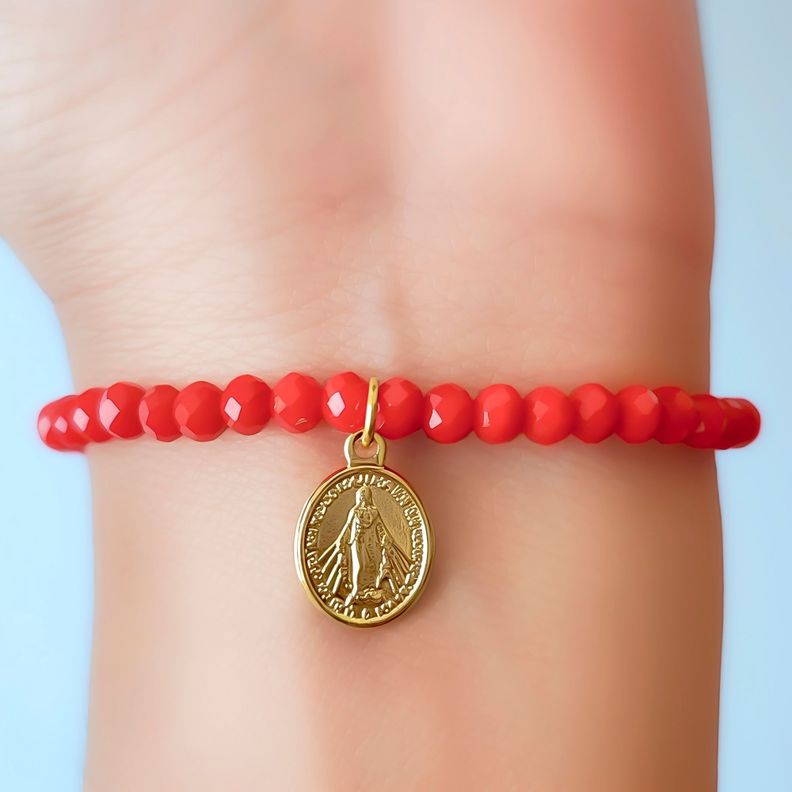 Pulsera Virgen De Los Rayos Cristal Rojo Enchapado Oro 18K-3