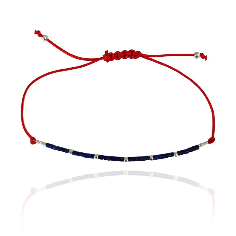 Pulsera Mostacilla Lapislazuli Bolas Plata Fina 925 Cordon Rojo