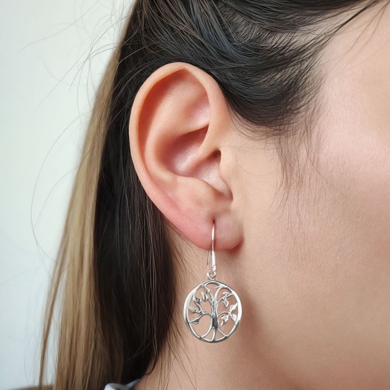 Aros Árbol De La Vida Hojas Colgante Gancho Plata Fina 925-1