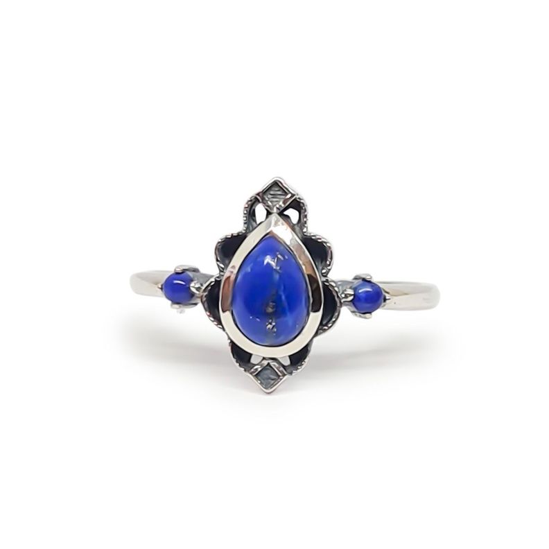 Anillo Loto Lapislázuli Plata Fina 925 Envejecido-0