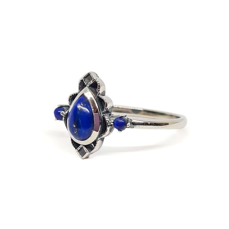 Anillo Loto Lapislázuli Plata Fina 925 Envejecido-1