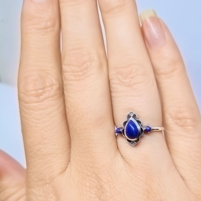 Anillo Loto Lapislázuli Plata Fina 925 Envejecido-2