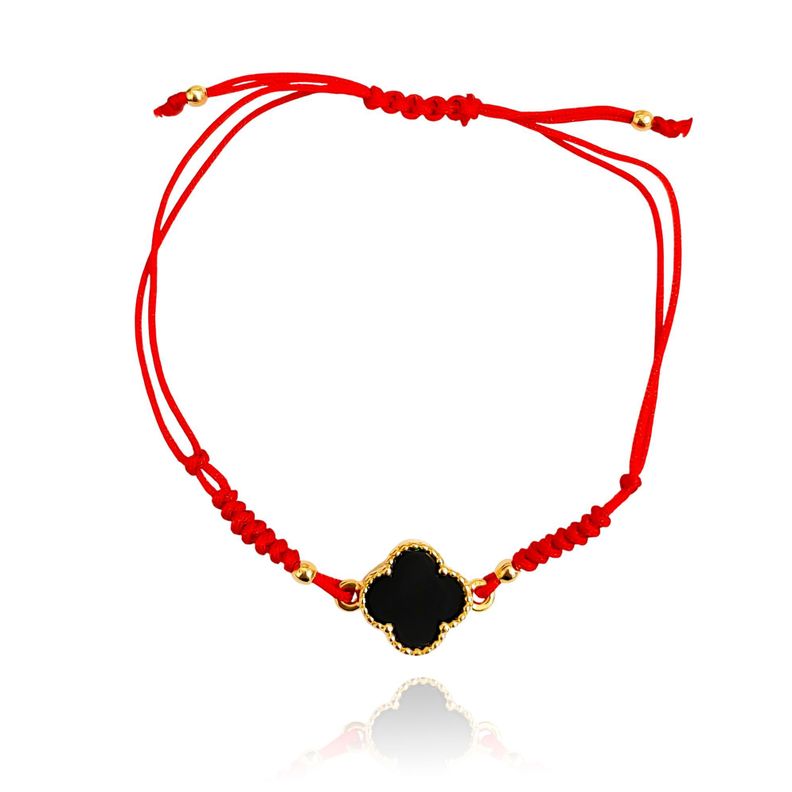 Pulsera Trebol Negro Enchapado Oro 18K Cordon Rojo