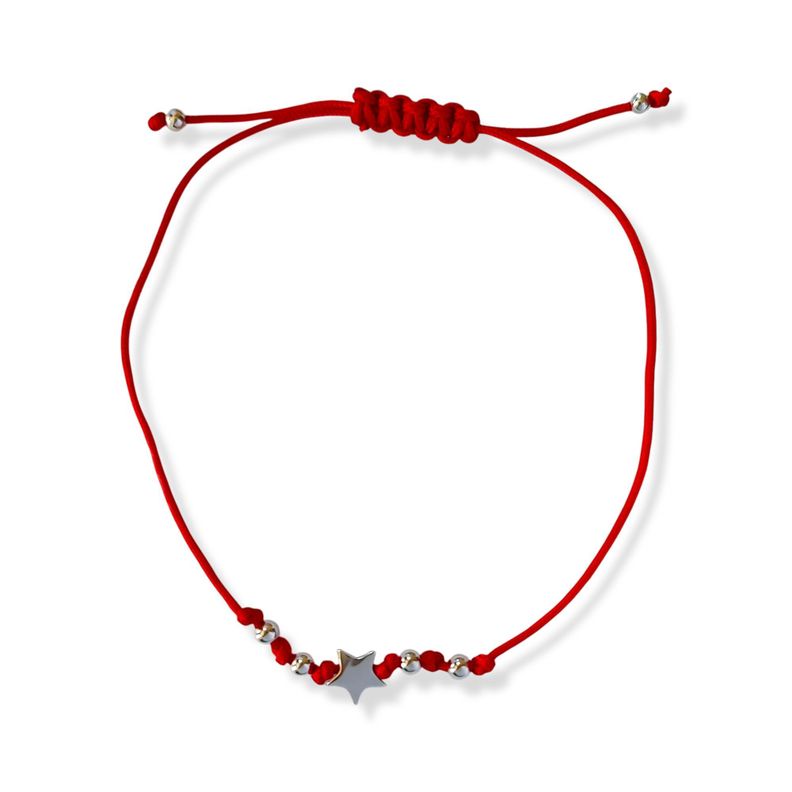 Pulsera Estrella Bolitas Plata Fina 925 Cordón Rojo-0