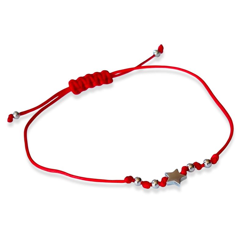 Pulsera Estrella Bolitas Plata Fina 925 Cordón Rojo-1
