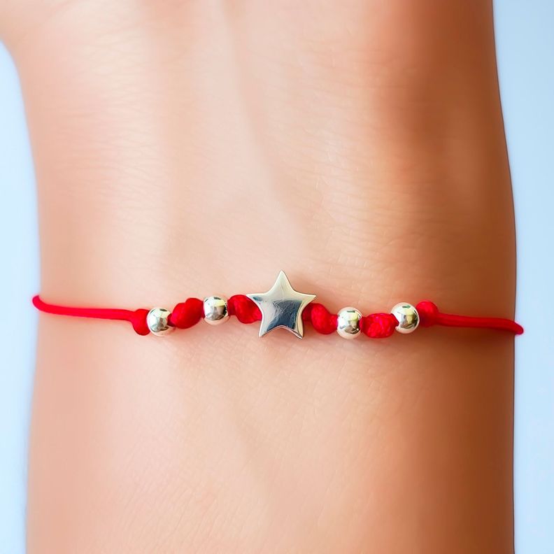 Pulsera Estrella Bolitas Plata Fina 925 Cordón Rojo-2