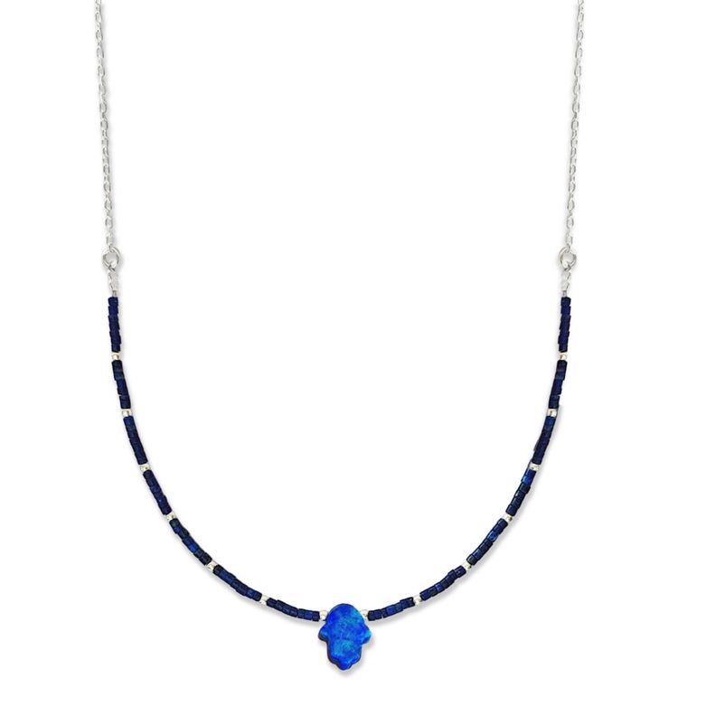 Collar Mostacilla Lapislázuli Mano Fátima Plata Fina 925-0