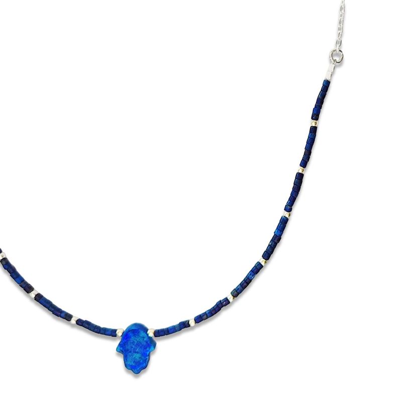 Collar Mostacilla Lapislázuli Mano Fátima Plata Fina 925-1