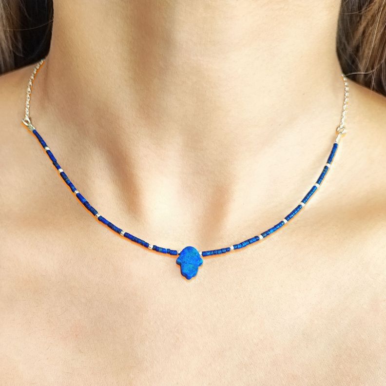 Collar Mostacilla Lapislázuli Mano Fátima Plata Fina 925-2
