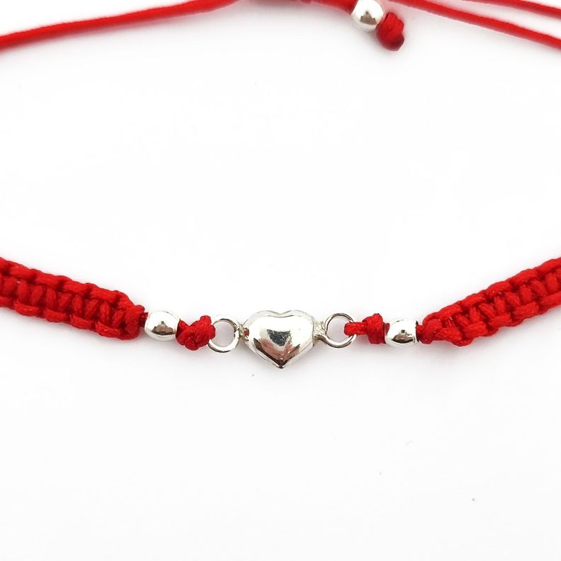 Pulsera Corazón Plata Fina 925 Cordón Rojo-2