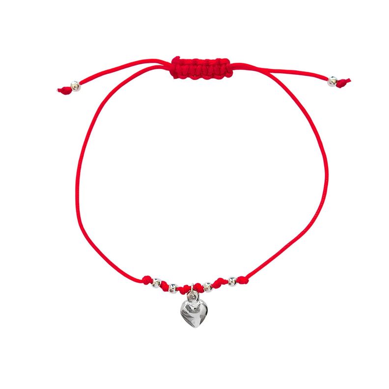 Pulsera Corazón Colgante Bolitas Plata Fina 925 Cordón Rojo-0