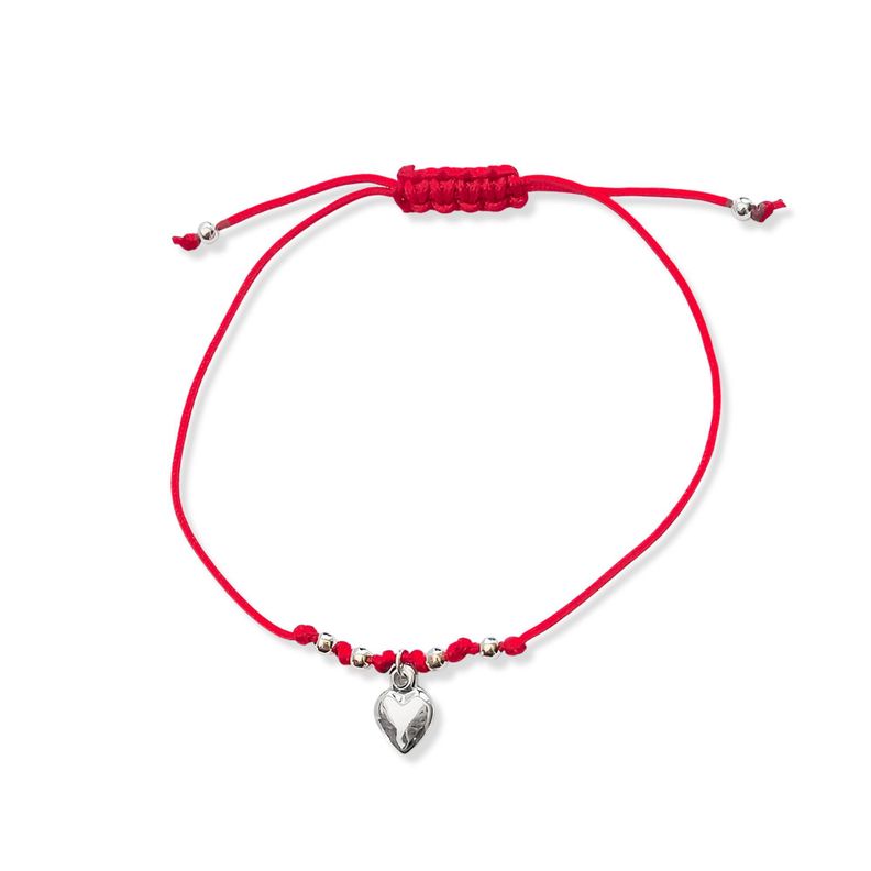 Pulsera Corazón Colgante Bolitas Plata Fina 925 Cordón Rojo-1