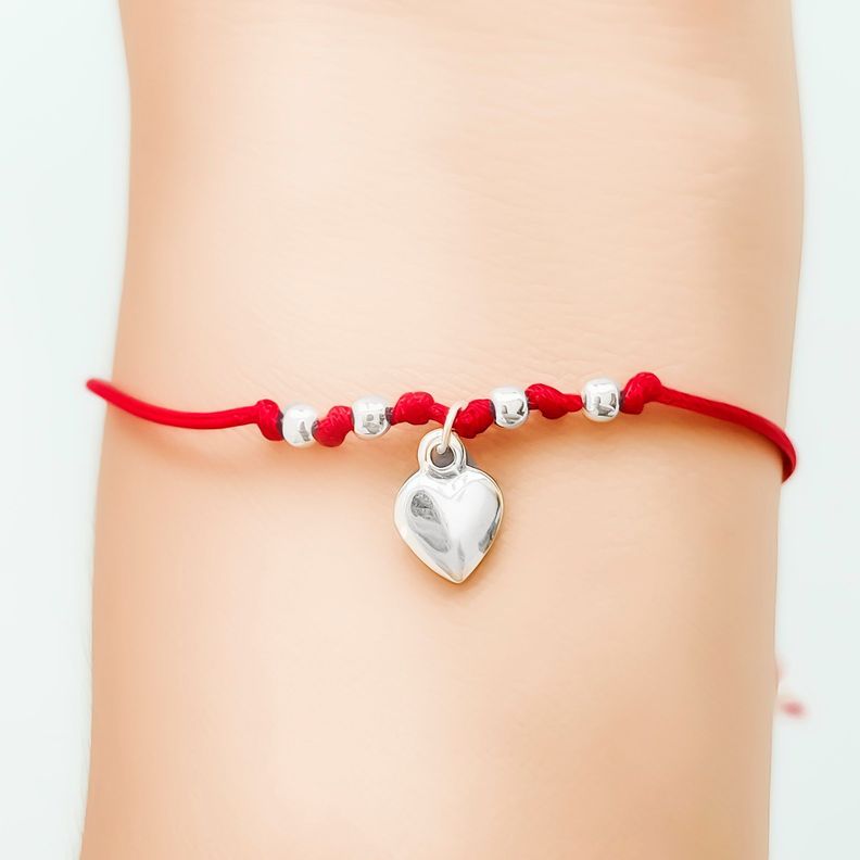 Pulsera Corazón Colgante Bolitas Plata Fina 925 Cordón Rojo-2