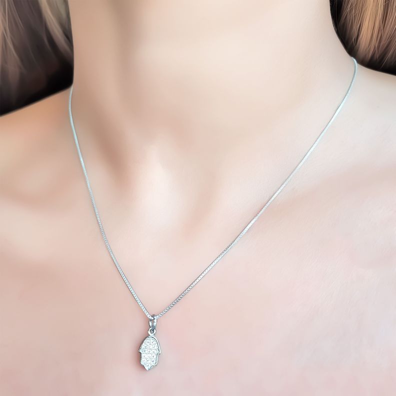 Collar Mano De Fátima Circón Blanco Plata Fina 925-4