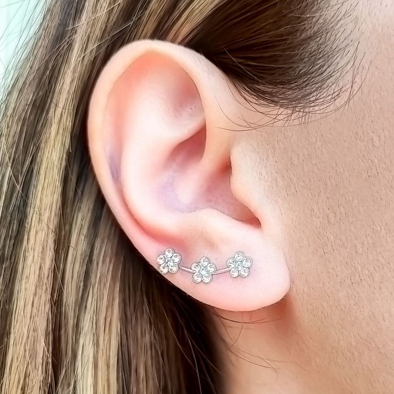 Aros Trepadores 3 Flores Cristal Plata Fina 925-3