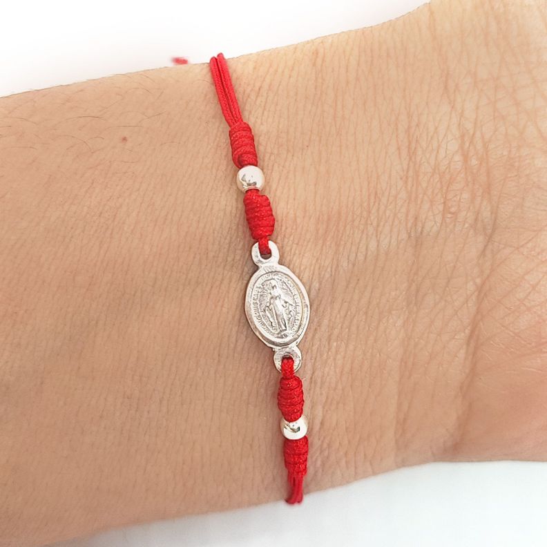 Pulsera Virgen De Los Rayos y Bolas Plata Fina 925 Cordón Rojo-2