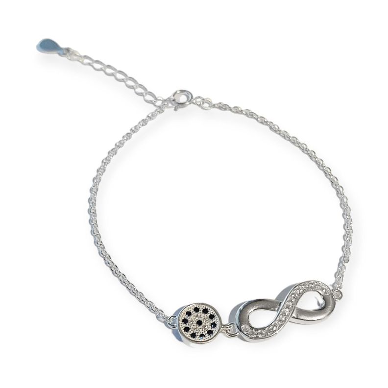 Pulsera Ojo Turco Infinito Circón Blanco Plata Fina 925-0