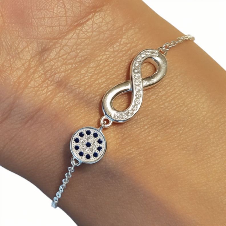 Pulsera Ojo Turco Infinito Circón Blanco Plata Fina 925-1