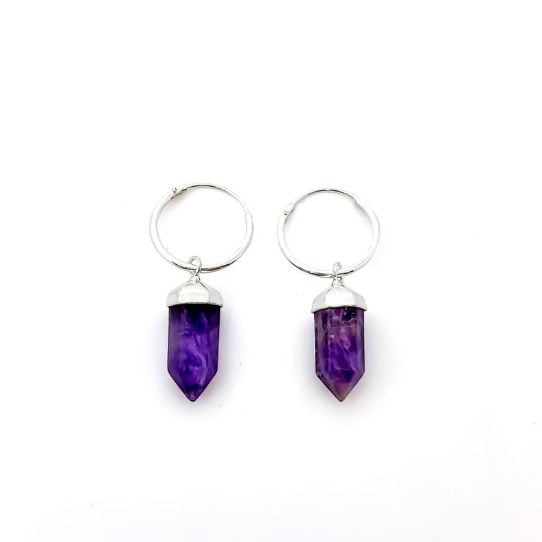 Aros Argollas Péndulo Amatista Plata Fina 925-0
