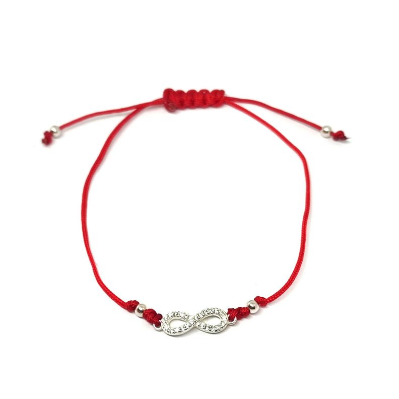Pulsera Infinito Circón Blanco Plata Fina 925 Cordón Rojo-0