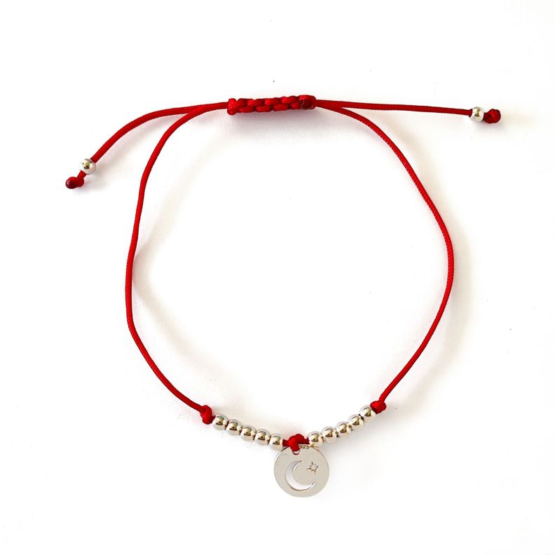Pulsera Círculo Luna Estrella Bolitas Plata Fina 925 Cordón Rojo-0