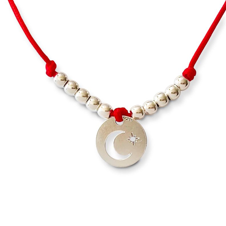 Pulsera Círculo Luna Estrella Bolitas Plata Fina 925 Cordón Rojo-1