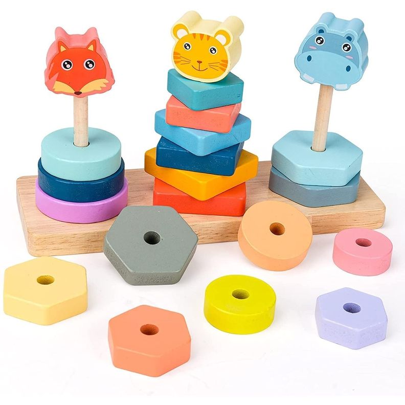 Juego Didactico Madera Encaje Apilar Animales Triple
