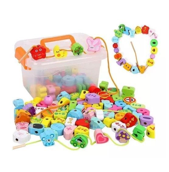 Juego Didactico Madera Enhebrar Figuras 100 Piezas