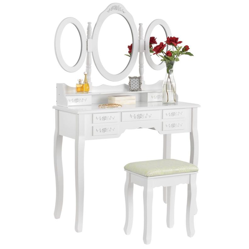 Tocador Madera Infantil con Espejo Triple y Asiento Taburete