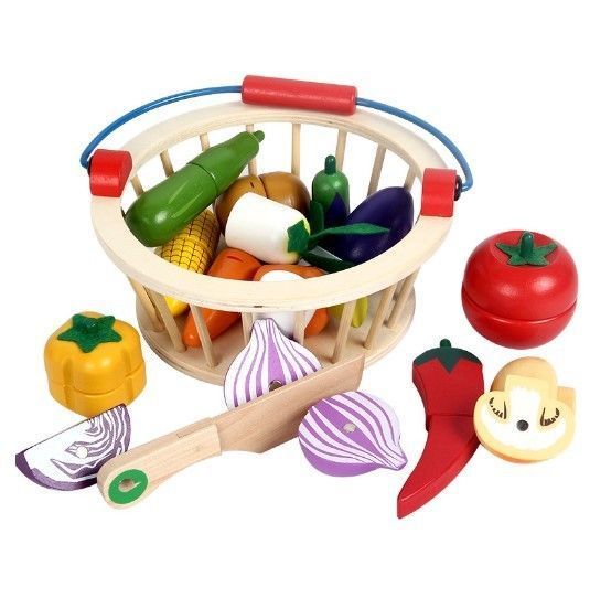 Canasta Vegetales Madera Magneticos Cortar 14 Piezas