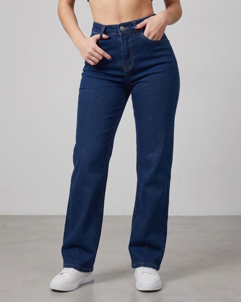 Pantalón Denim Wide Leg Azul Profundo - Tiro Alto Stretch