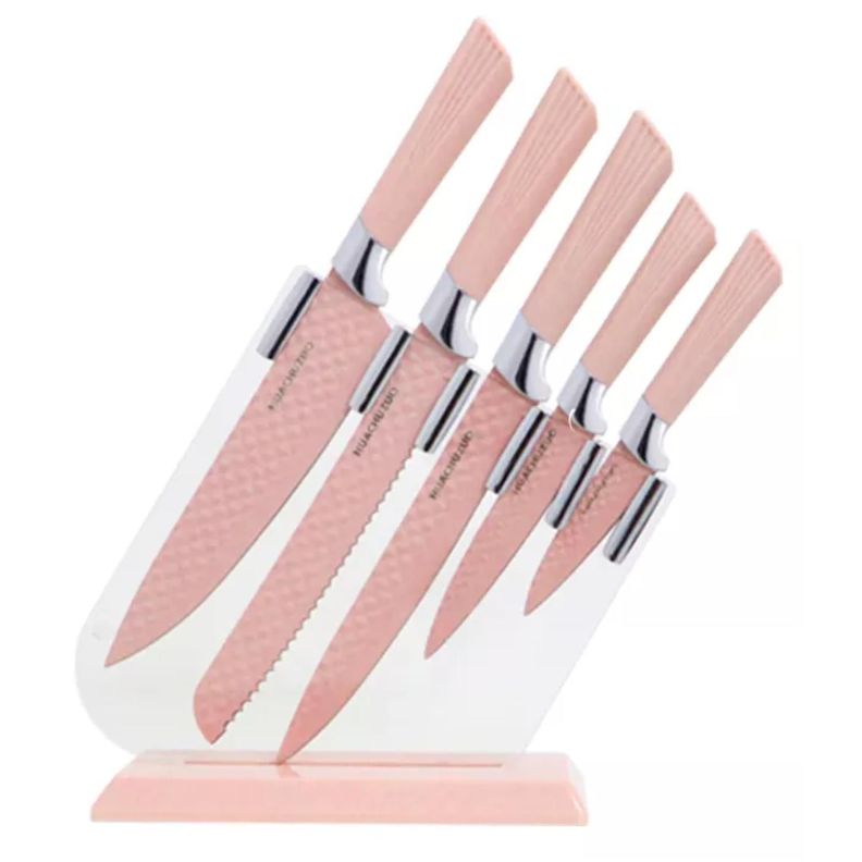 Set 5 Cuchillos De Ceramica Con Sostenedor Para Chef Rosado-0