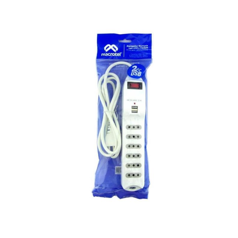 Zapatilla Alargador 1.5mt 6 Entradas 2 USB Blanco-3