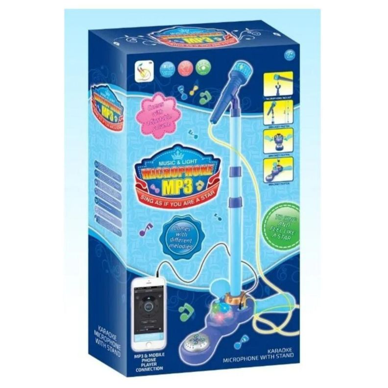 Juguete Microfono Karaoke Pedestal Luces MP3 Azul Infantil-4