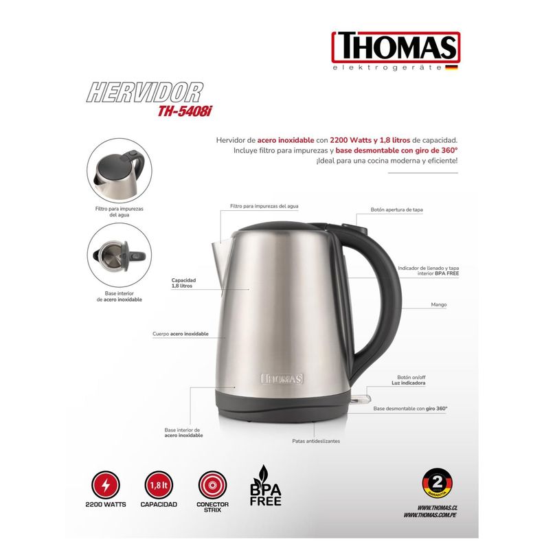 Hervidor Electrico 1800ml 2200W Acero Inoxidable TH-5408i-5