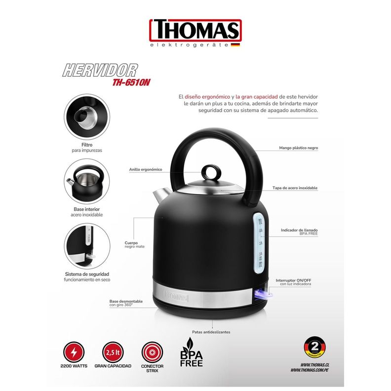 Hervidor Electrico 2500ml 2200W Negro Mate TH-6510N-5
