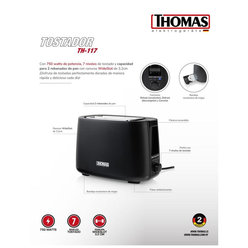 Tostador De Pan 2 Panes 750W 7Niv Negro TH-117-5