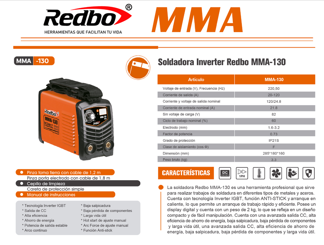 Soldadora Inverter Profesional REDBO MMA-130-5
