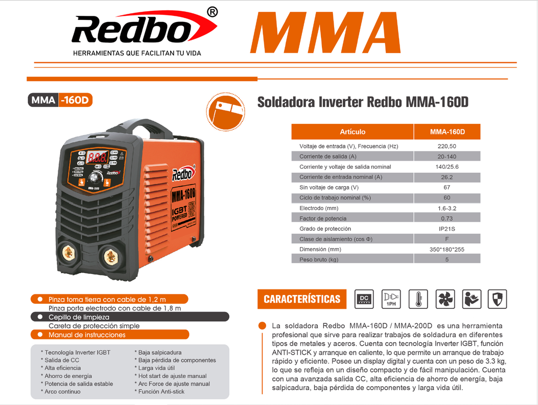 Soldadora Inverter REDBO MMA-160D-5