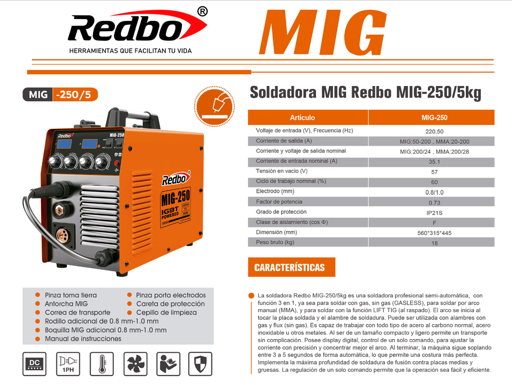 Soldadora MIG-250/5 kg REDBO-4