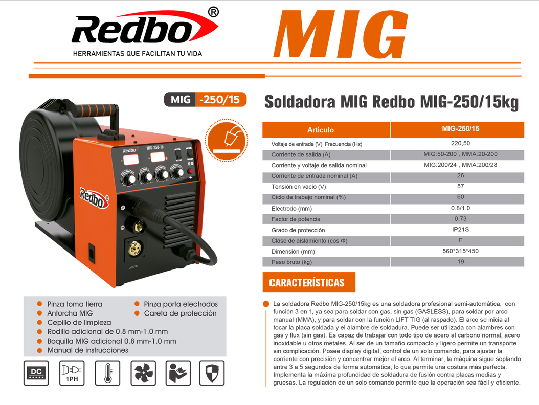 Soldadora MIG-250/15 kg REDBO -4