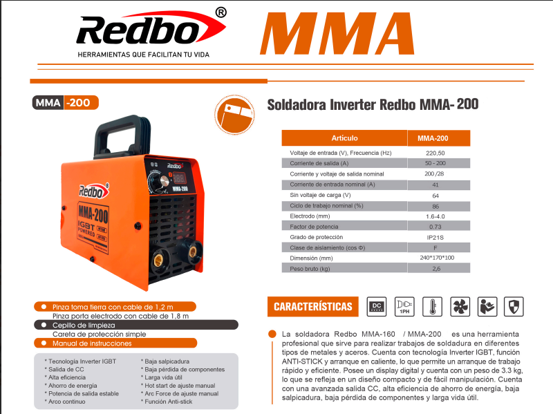 Soldadora Inverter Profesional REDBO MMA-200-5