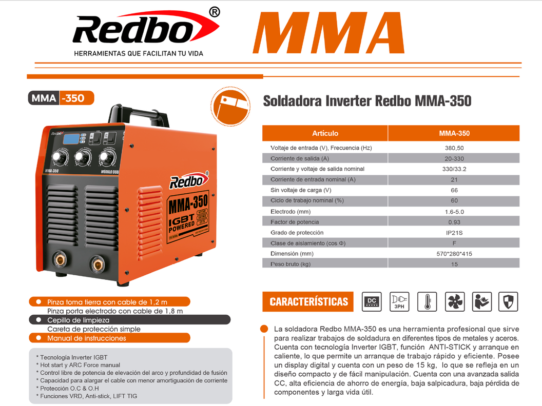Soldadora Inverter Industrial REDBO MMA-350-3