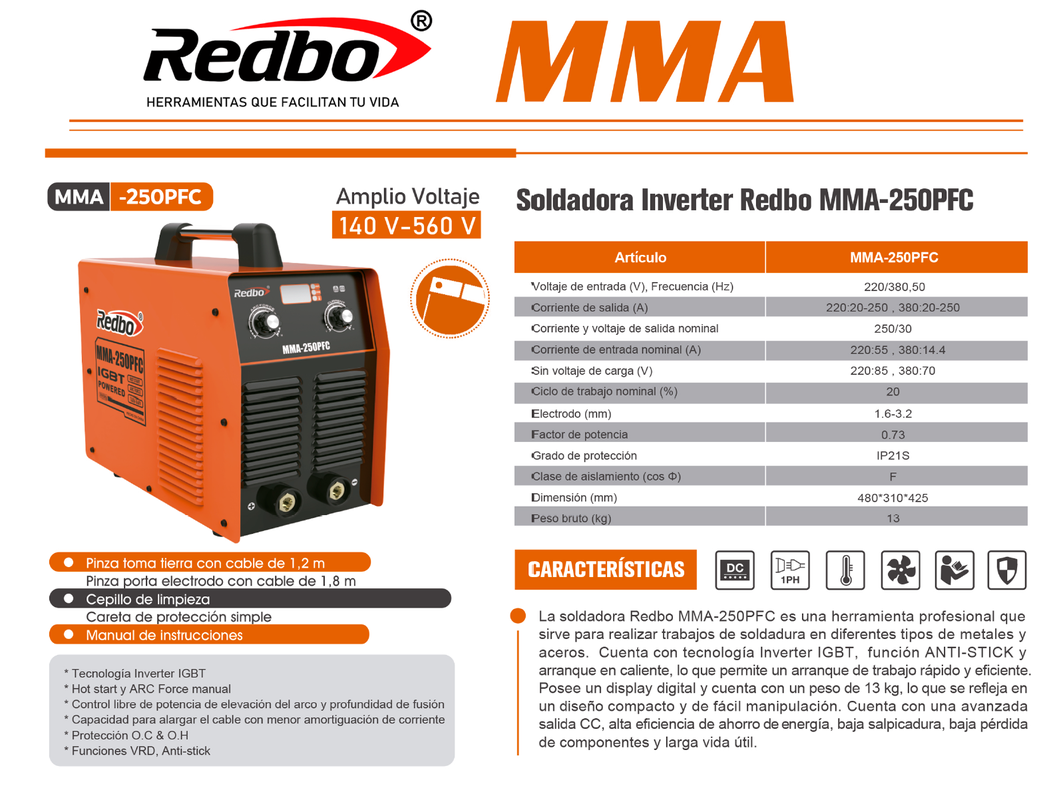 Soldadora Inverter Profesional REDBO MMA-250PFC-3