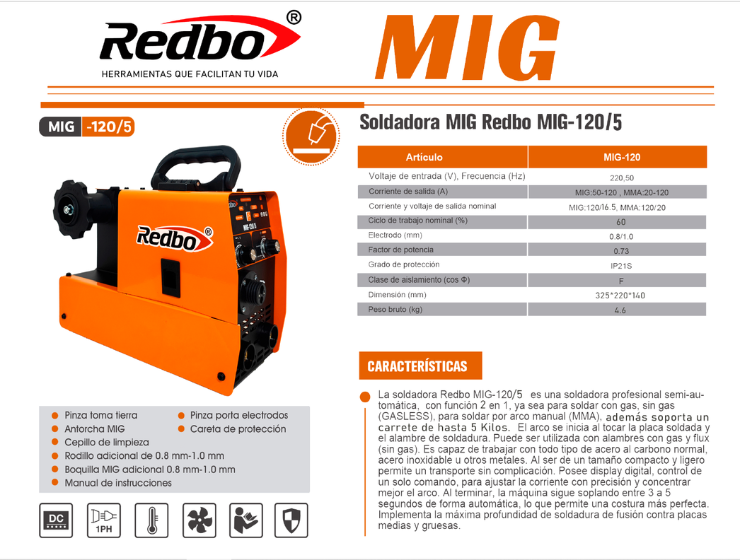 SOLDADORA 3 EN 1 MIG/TIG LIFT/MMA REDBO MIG-120/5kg-4