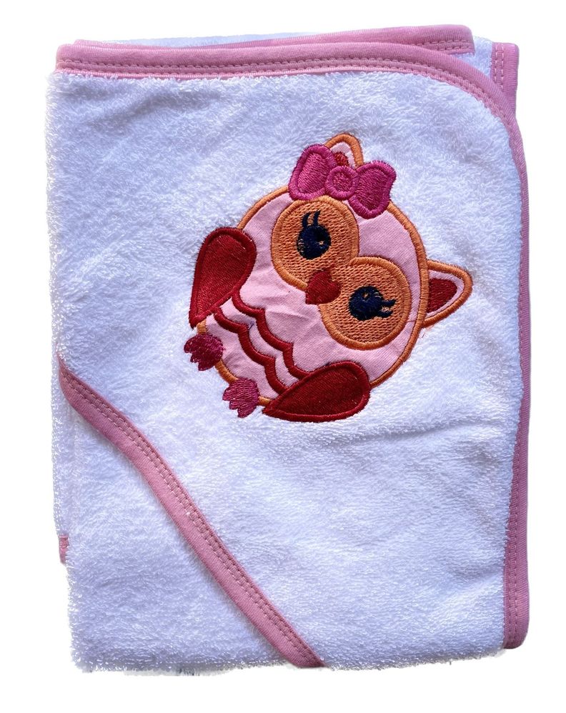 Toalla bebé algodón con Capucha Búho blanco rosa 80x80-0