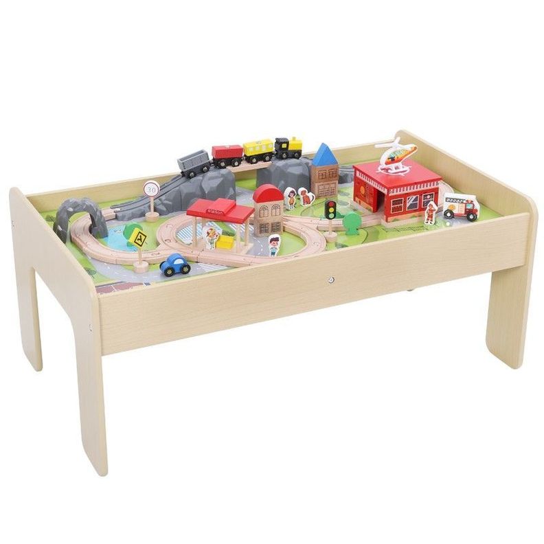 Mesa Educativa Con pista de trenes de madera 57 piezas-0