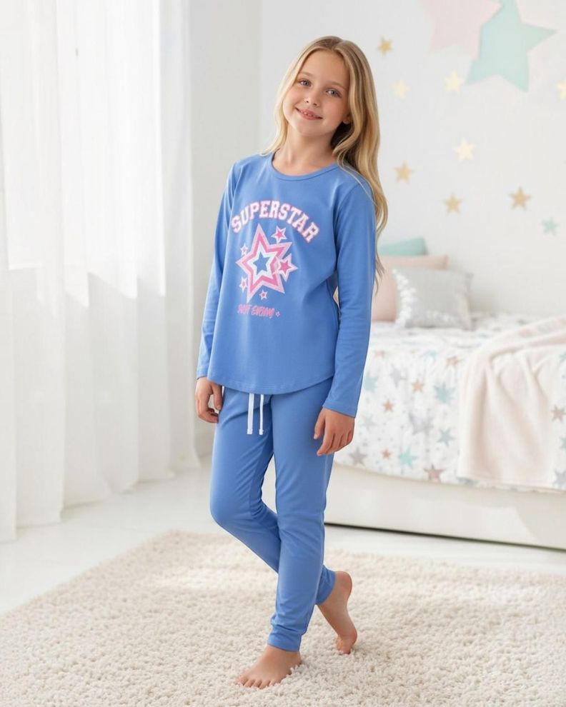 Pijama Niña Estampado Super Star Celeste